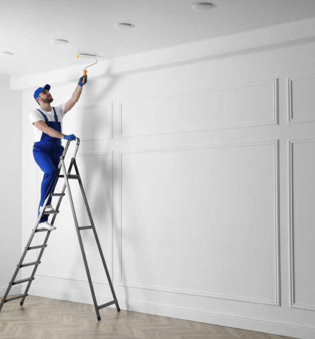 Handyman,Painting,Ceiling,With,White,Dye,Indoors,,Space,For,Text